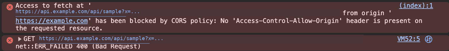 Browser Console showing a CORS policy block and a 400 failure