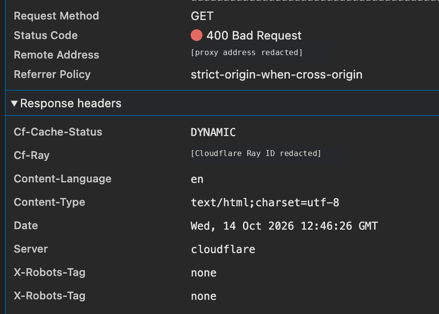 Network tab showing the 400 response and response headers