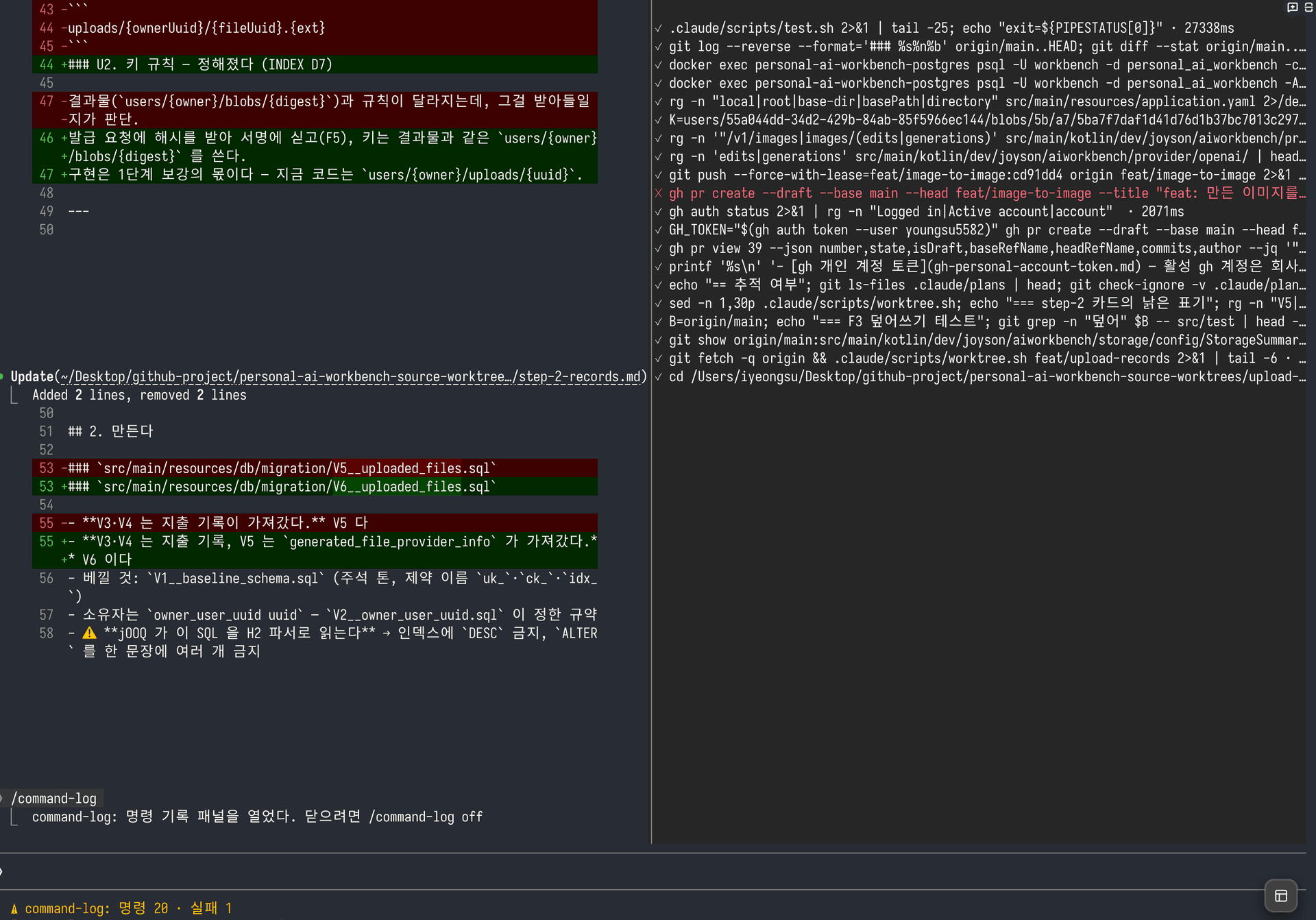 The command-log panel and execution records